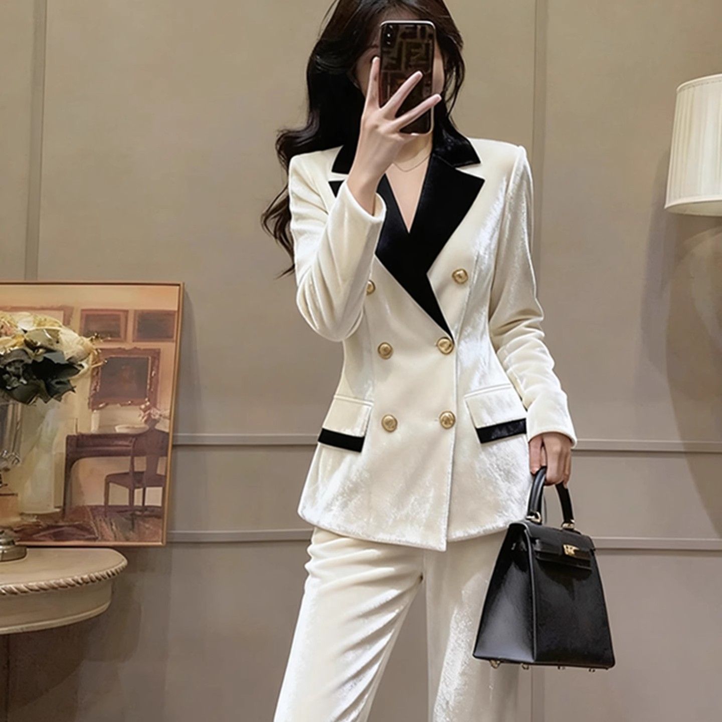 White Velvet Blazer And Pants Professional Suit