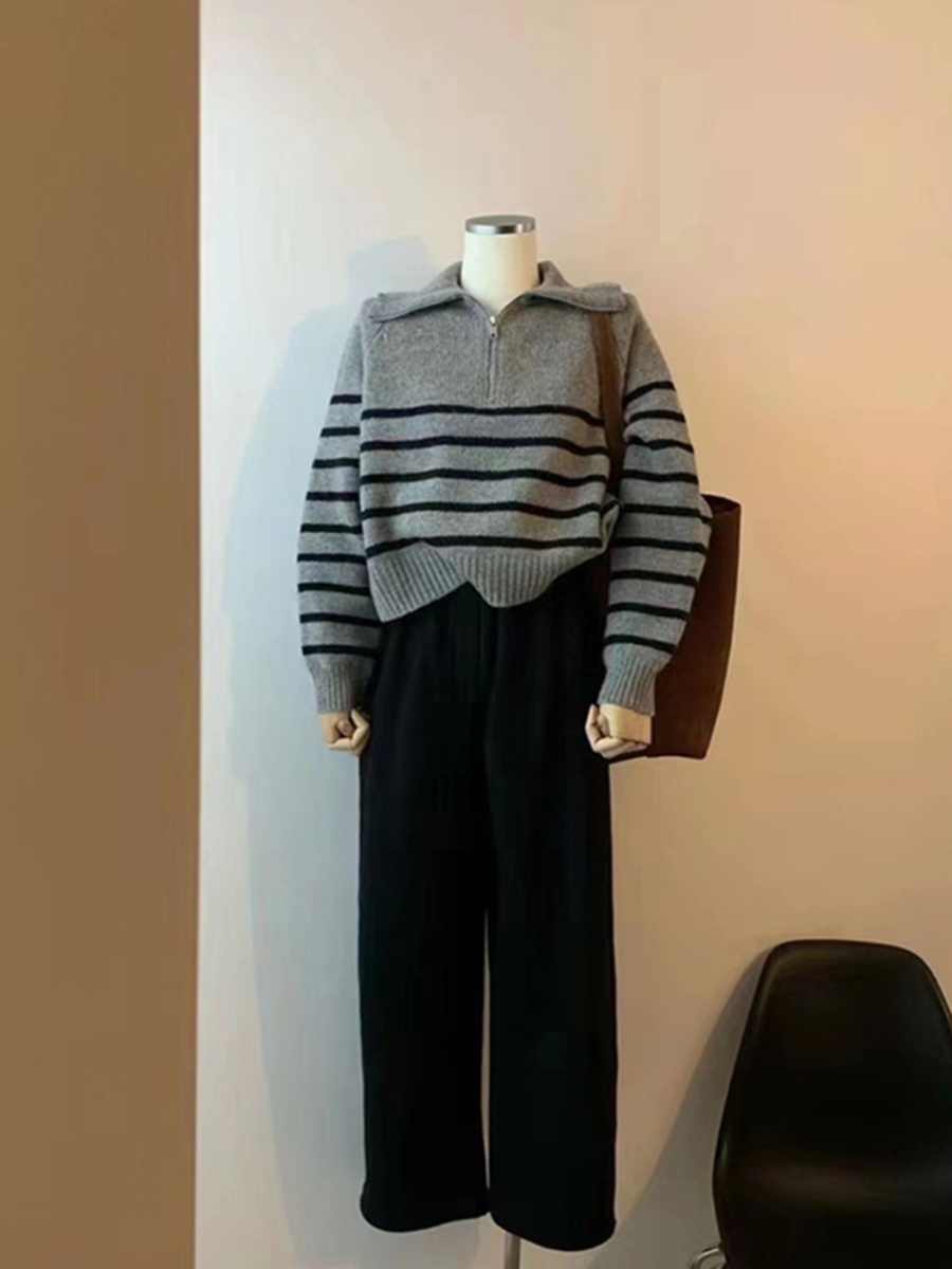 Gray Half Zip Turtleneck Striped Knitted Sweater