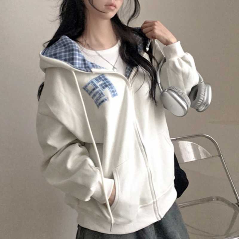 Koreansk stil efterår, nye maskinbroderede bogstaver, retro ternet lynlåstrøje