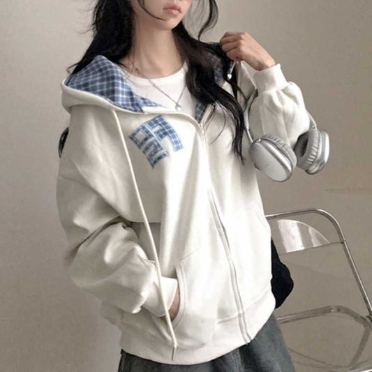 Koreansk stil efterår, nye maskinbroderede bogstaver, retro ternet lynlåstrøje