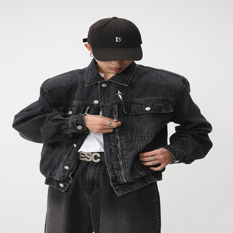 Spring Padded Shoulder Loose Waist Elastic Design Denim Jacket