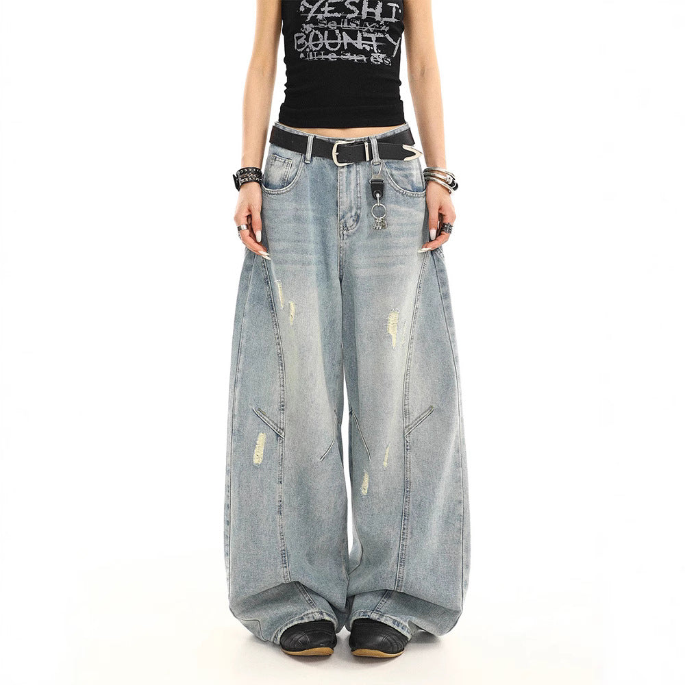 Retro Washed Distressed Loose Straight-leg Wide-leg Pants
