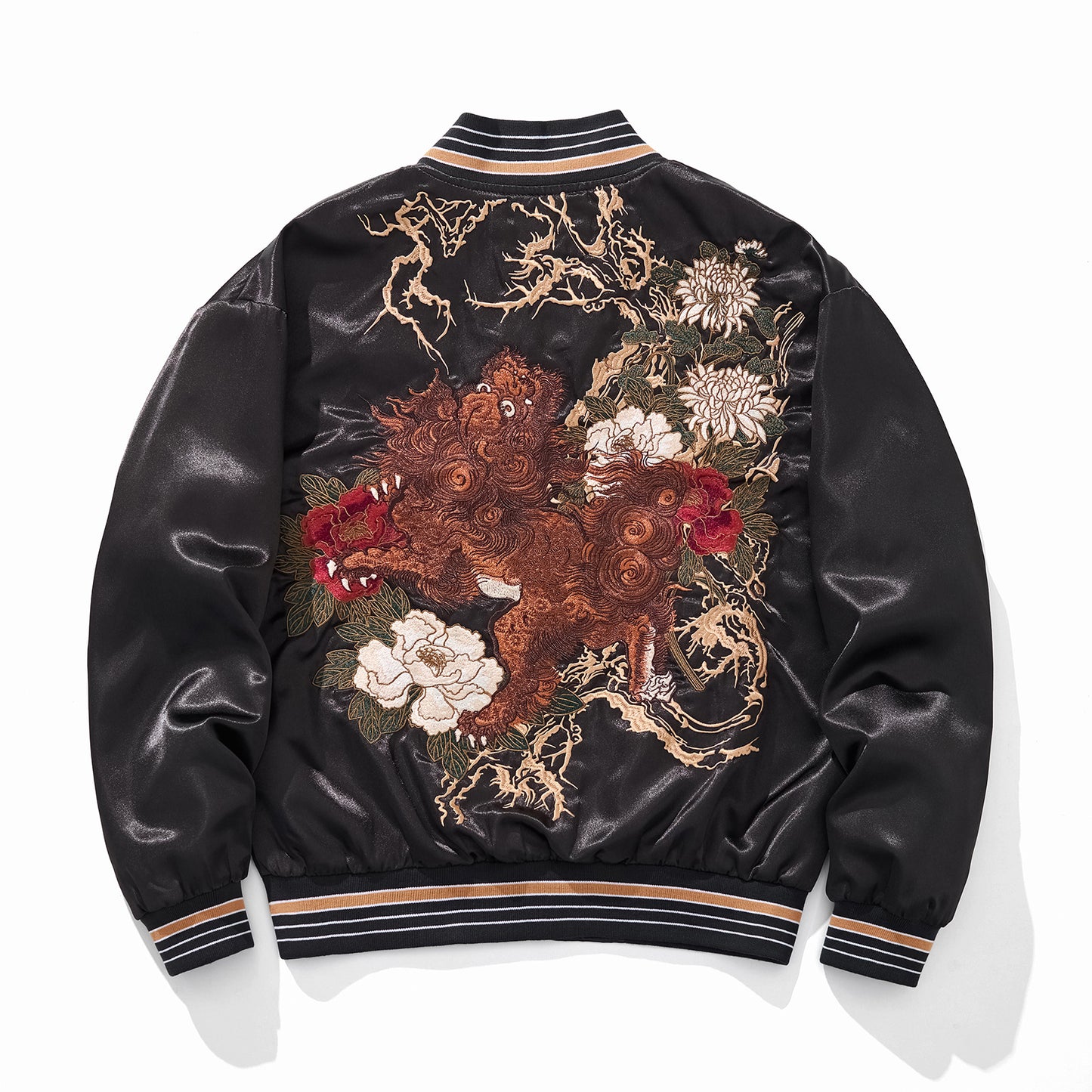 Heavy Duty Embroidered Peony And Kylin Mens Casual Baseball Jacket