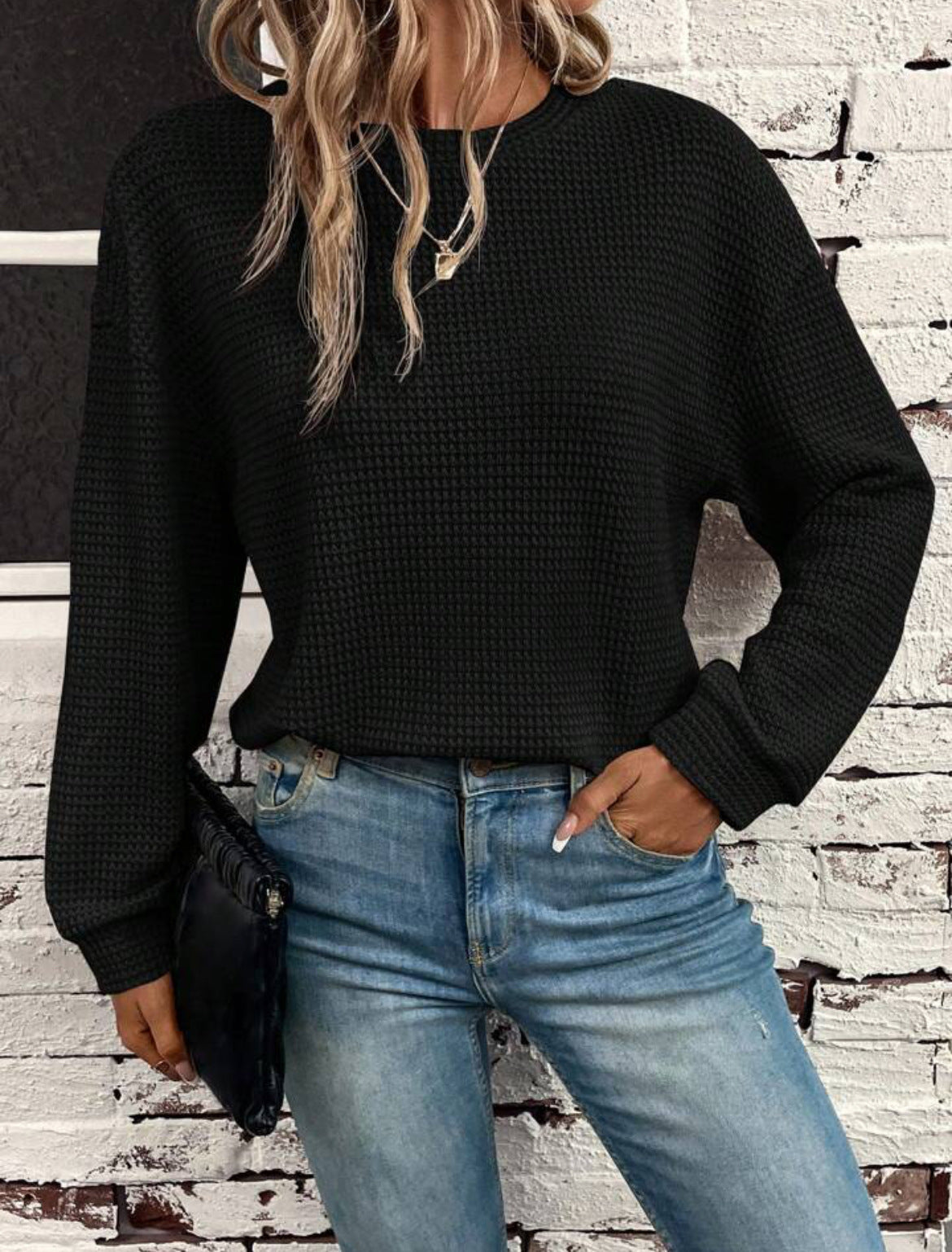 Dame Strikket Rundhals Langærmet Løs Pullover Top