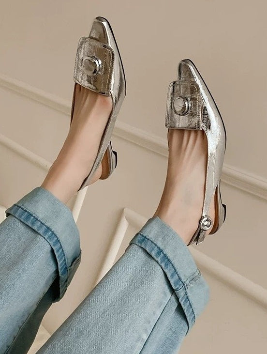 French Retro Metal Buckle Pointed Toe Slingback Flats For Women
