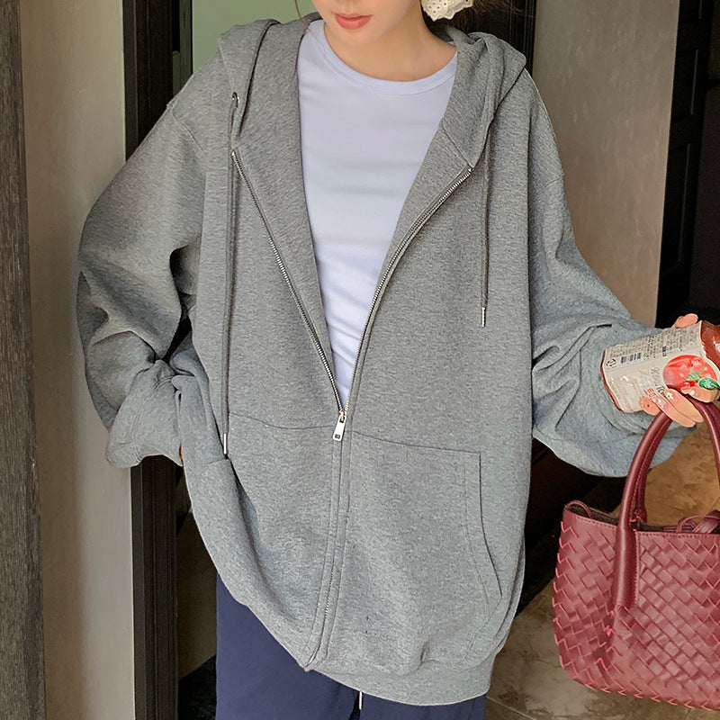 Solid Color Zipper Sweater Coat Women's Autumn Korean Style Hooded