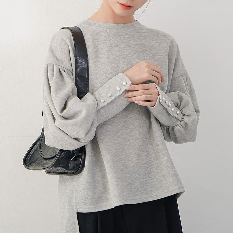 Women's Lantern Sleeve Sweater Pearl Buckle Solid Color