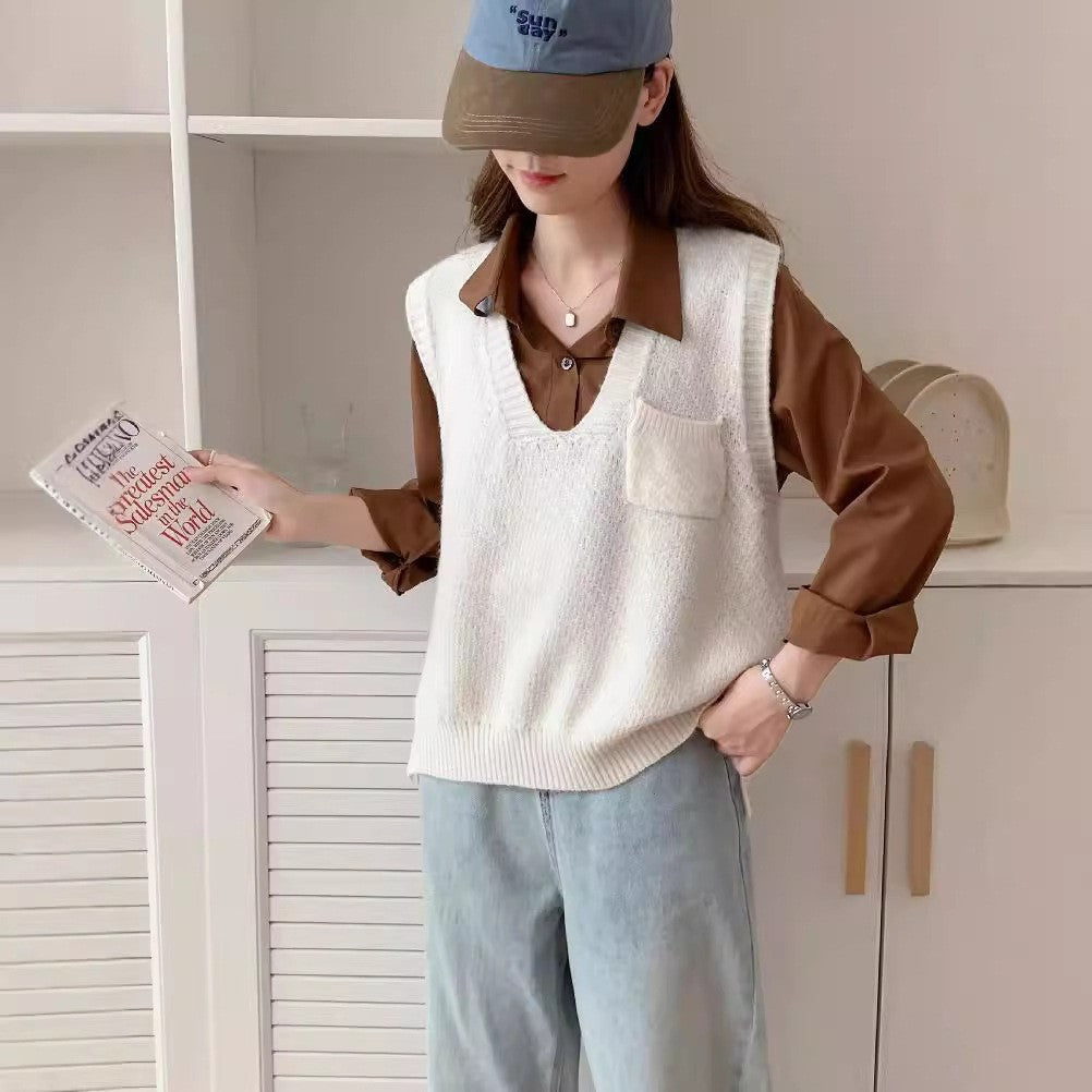 Casual  Girly Style Pocket V-neck Sleeveless Vest
