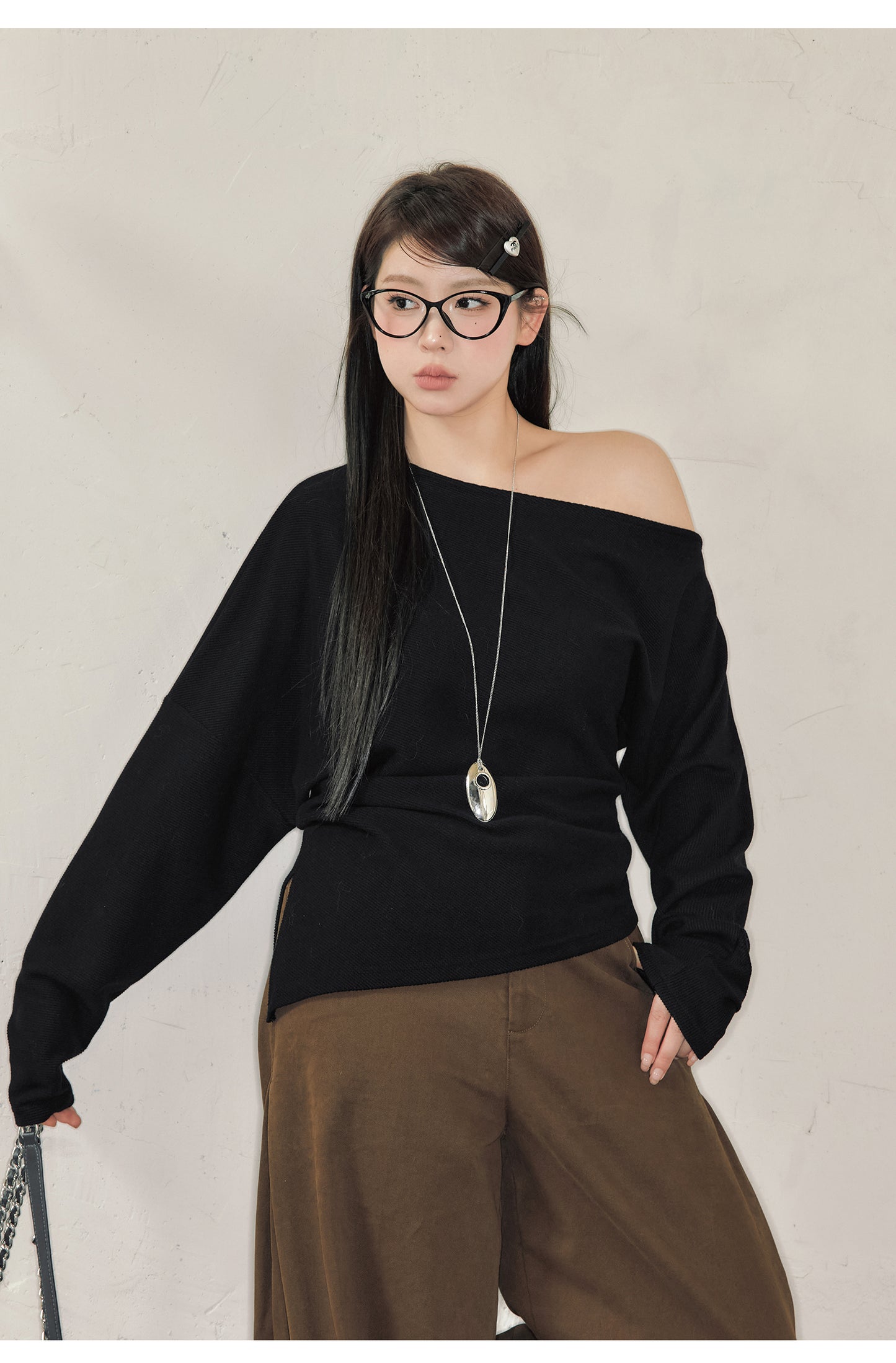 Women's One-shoulder Cold Shoulder Long-sleeved Shirt Plus Size Top