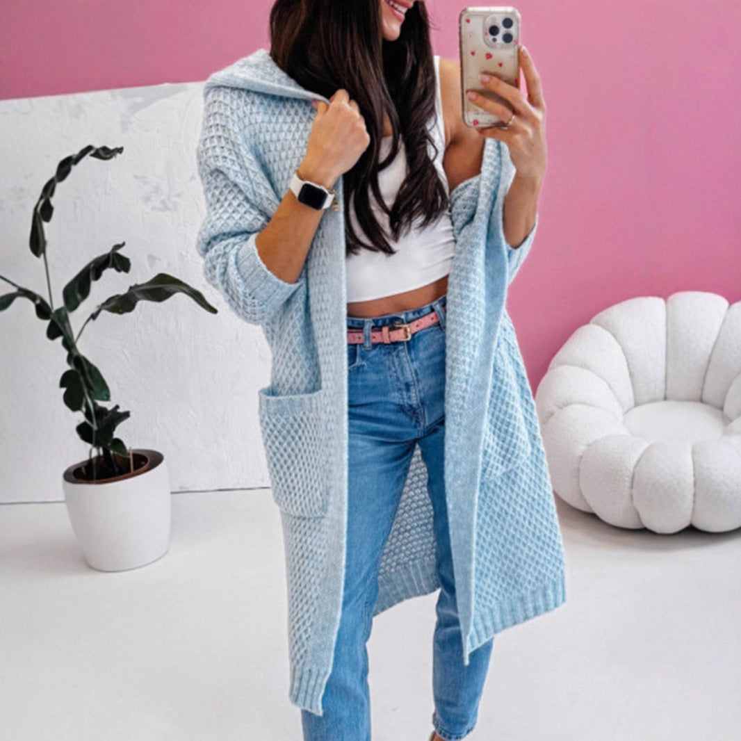 Loose Hooded Long Pocket Knitted Cardigan Jacket