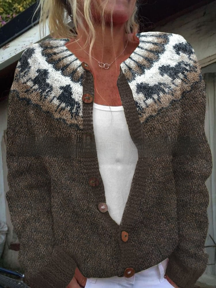 Womens All-Match Printed Knitted Faux Sweater Fabric Cardigan For FallWinter