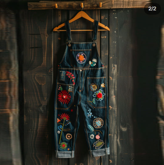 Retro Botanical Floral Embroidery Art Print Denim Jumpsuit