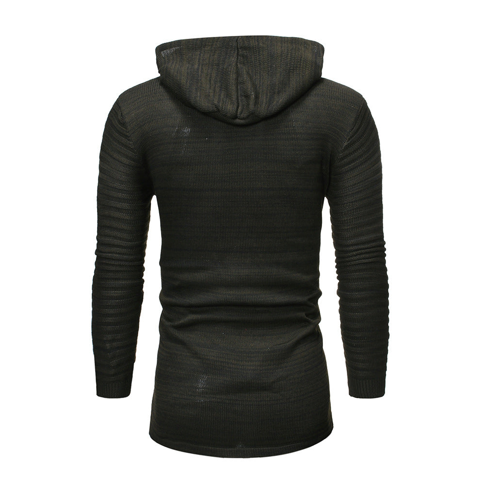Men's Casual Knit Sweater Diagonal Pull Hole Hooded Cardigan Sweater Men