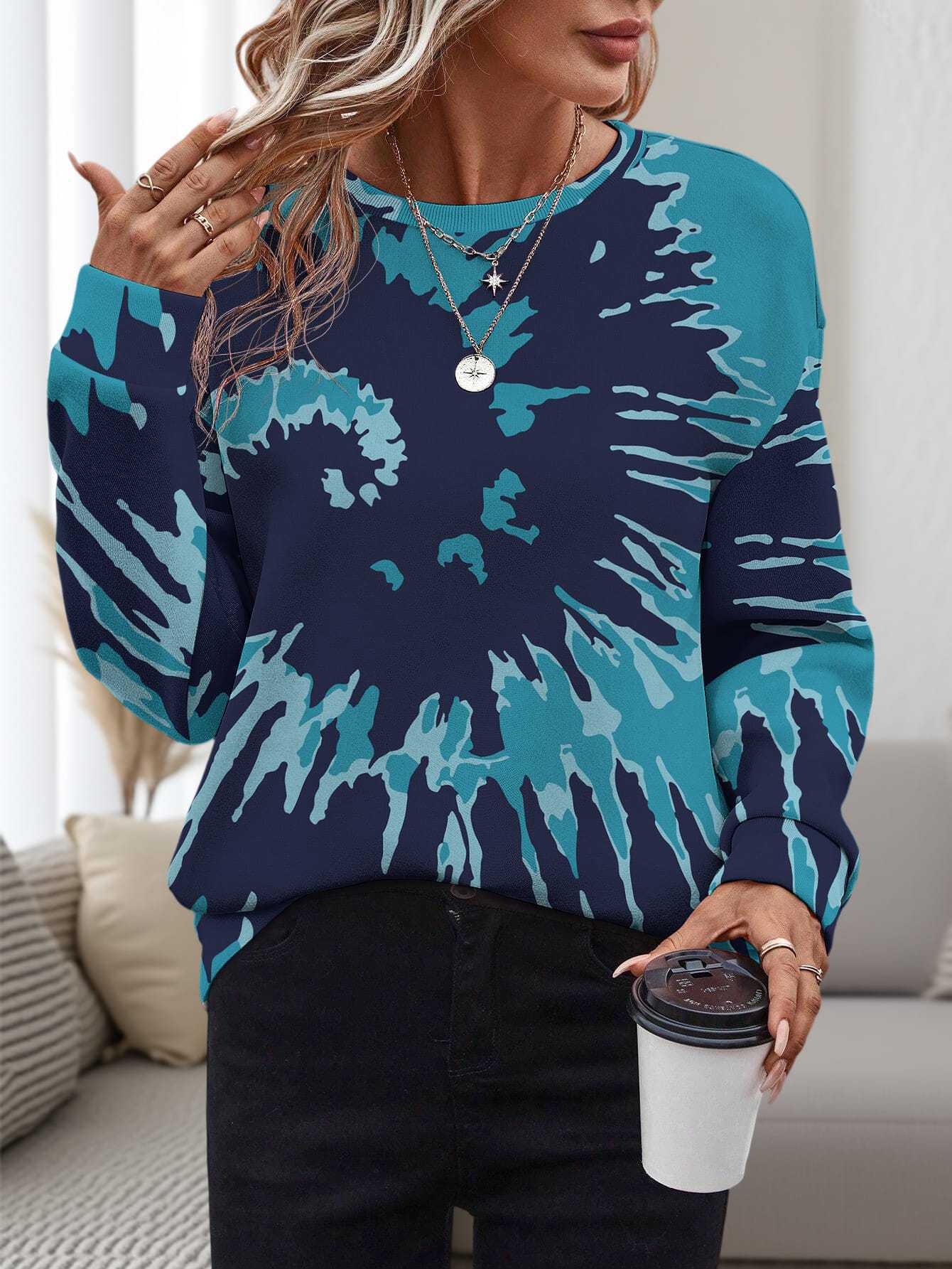 Dame 3D-printet rundhalset pullover, løs fritidstrøje