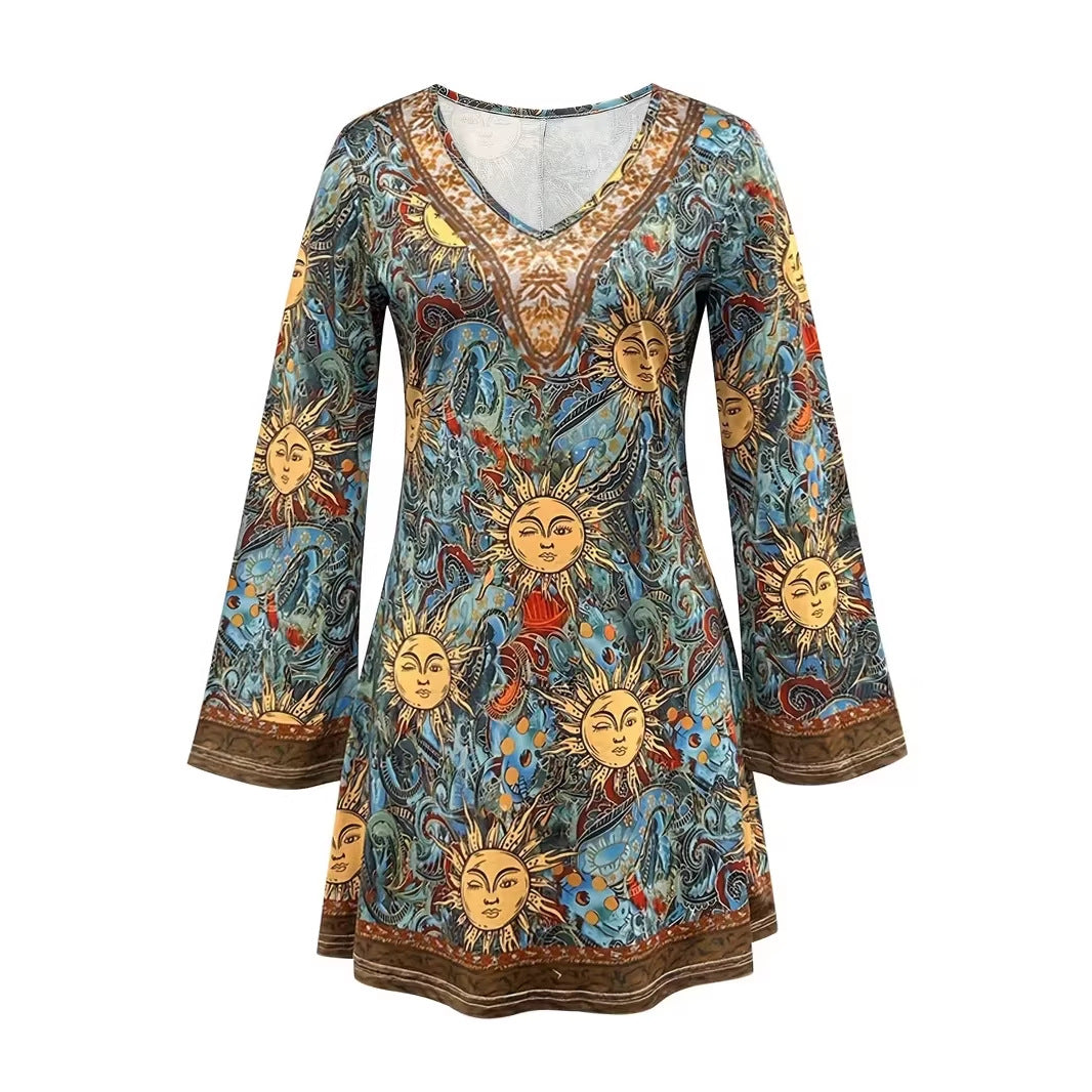 Spring Autumn Cinched-waist Floral A-line Dress