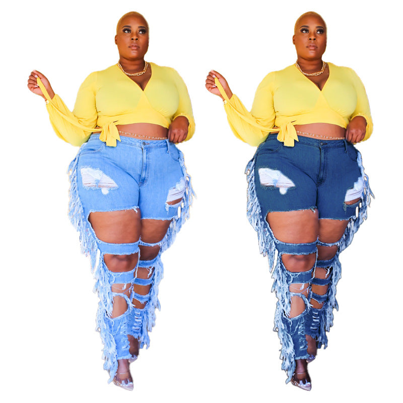 Plus Size Side Tassel Holes Jeans Pencil Pants Women Sexy Distressed Hollow Out Tight Denim Trousers Fashion Streetwear