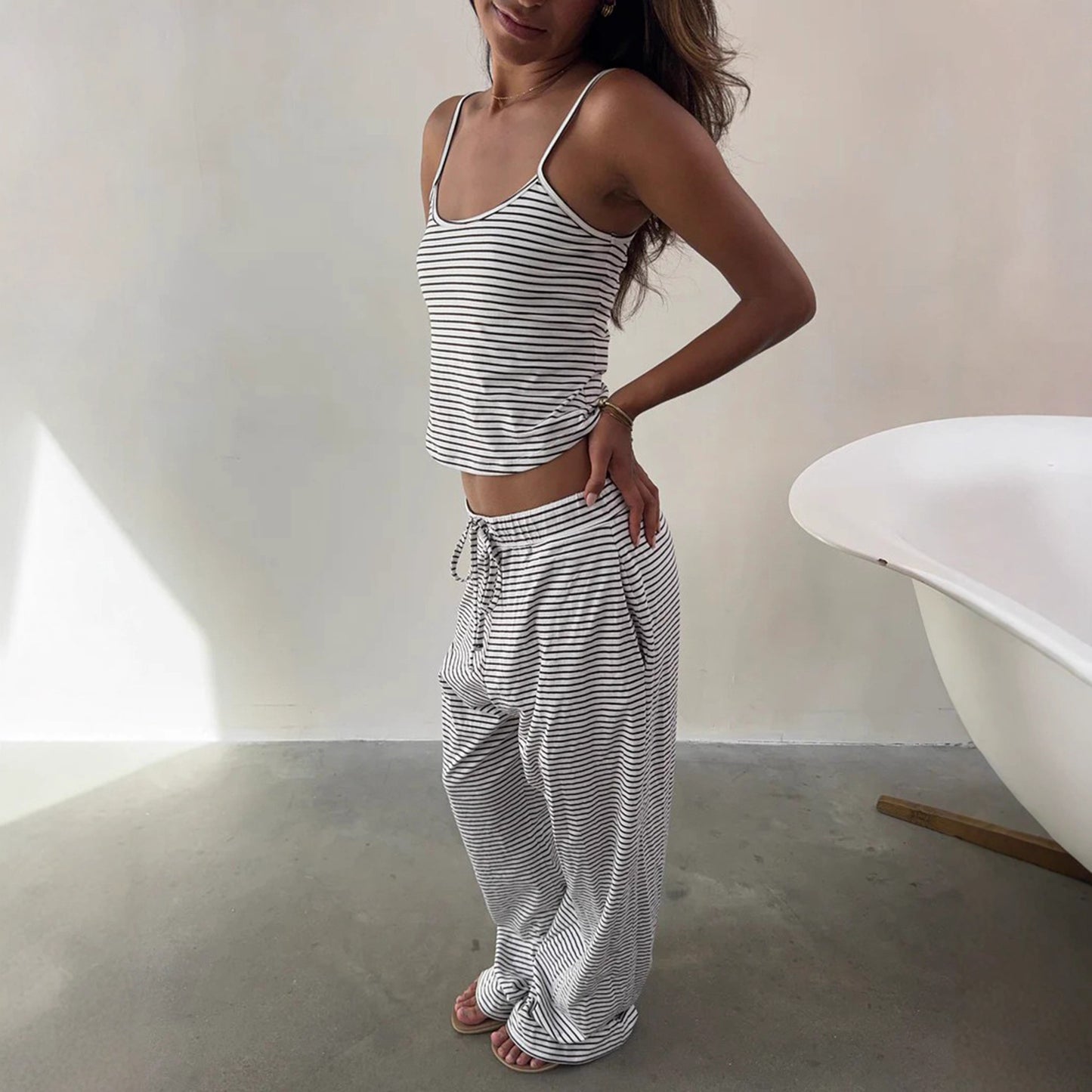 Striped Camisole Top And Elastic-waist Pants Loungewearpajama Two-piece Set