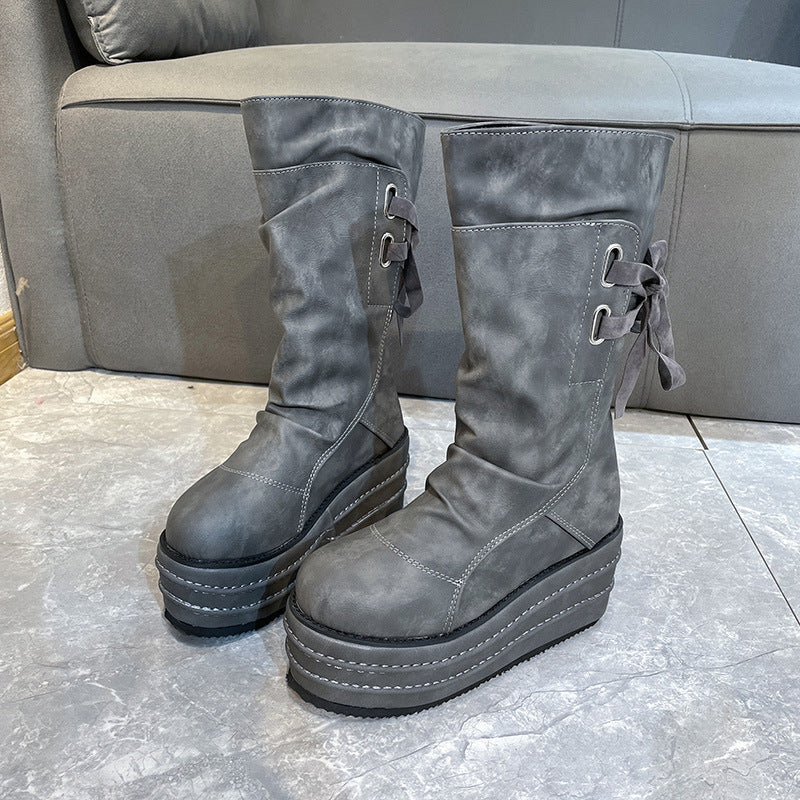 New Thick Sole Raised Round Toe Plus Size Women's Boots