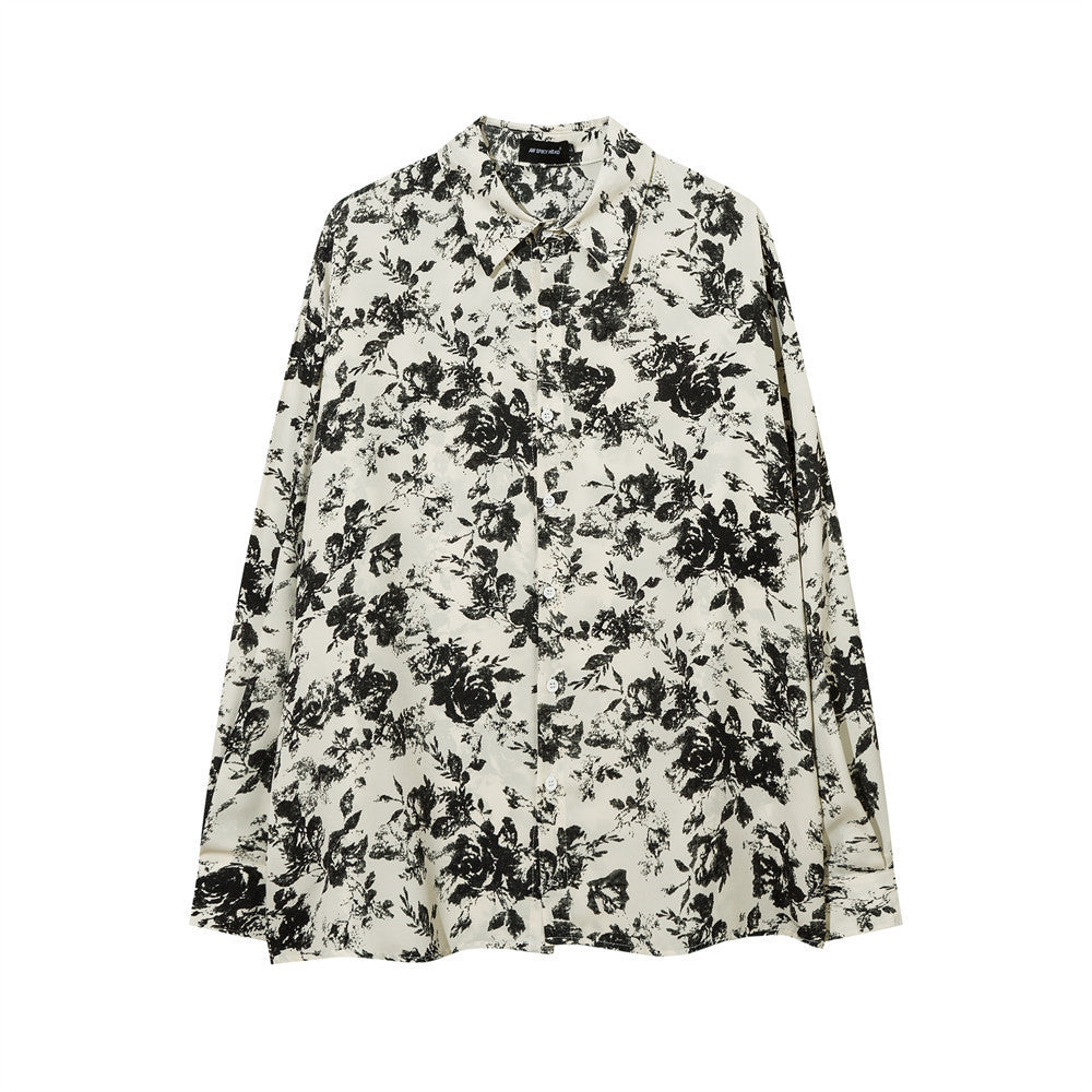 Men's Autumn Casual Loose Pu Shuai Street Lapel Niche Flower Shirt