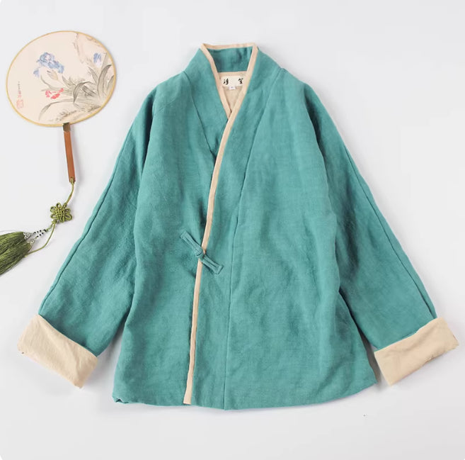 Lapel-button Tang-style Cotton-linen Modified Hanfu Tea-wearing Outfit Womens Zen Meditation Attire