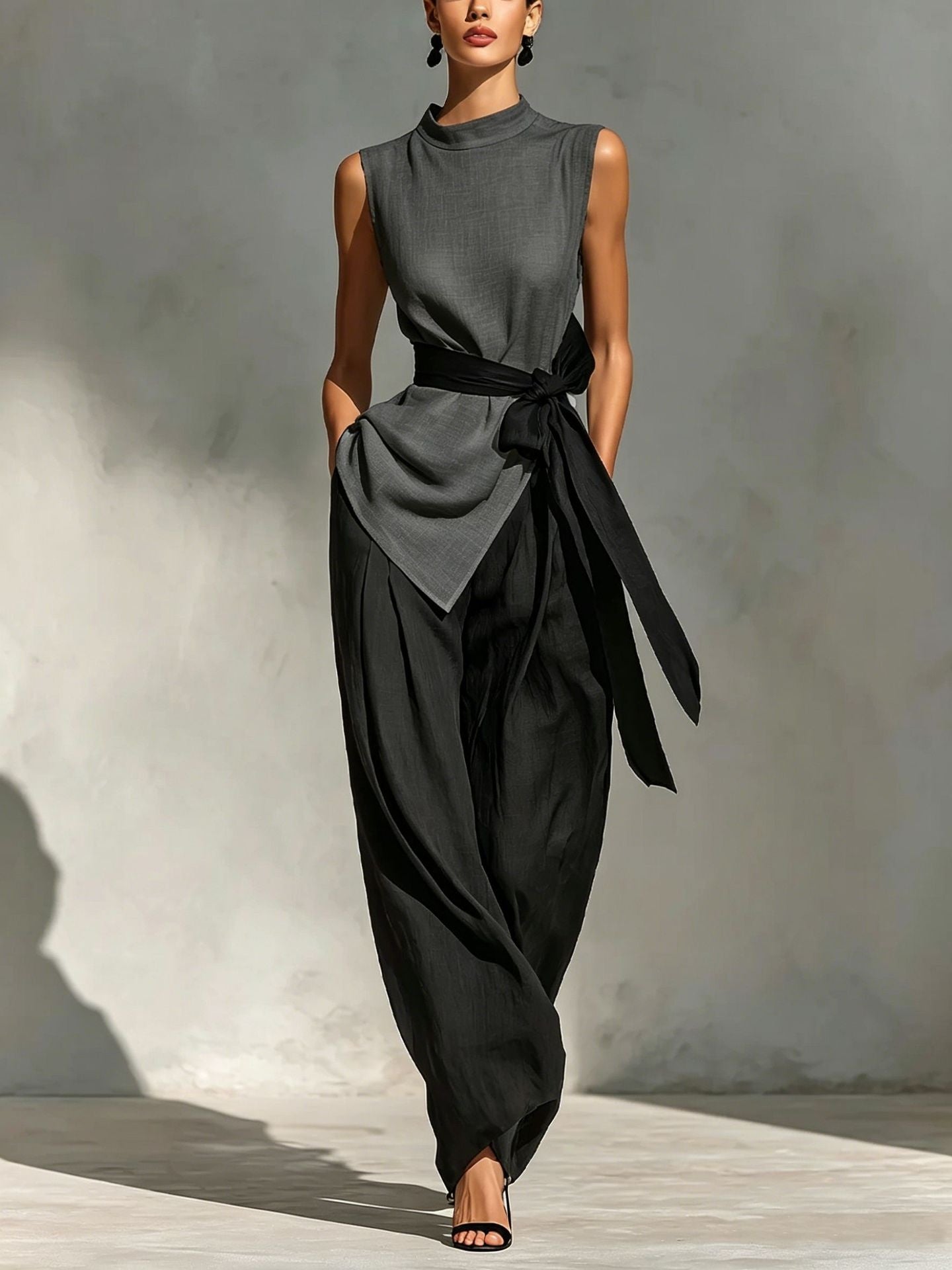 Womens Lace-Up Sleeveless Top And Wide-Leg Pants Two-Piece Set