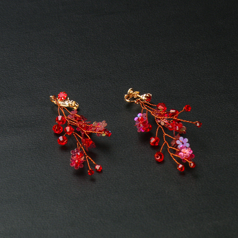 Handmade Hair Ornaments Red Crystal Crown Chinese Wedding Headdress