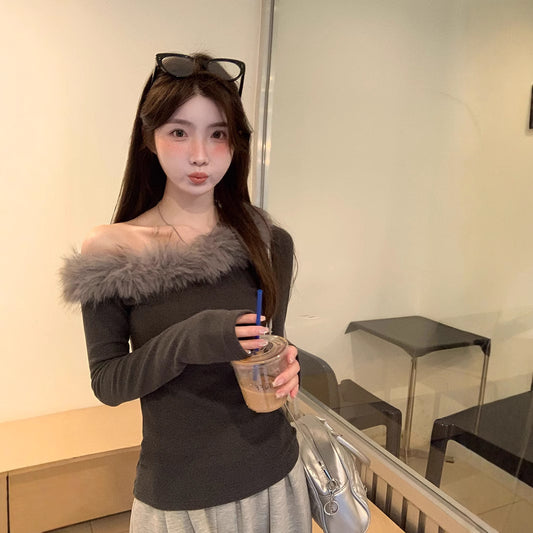 Womens Fluffy Slanted-shoulder Long-sleeve Top