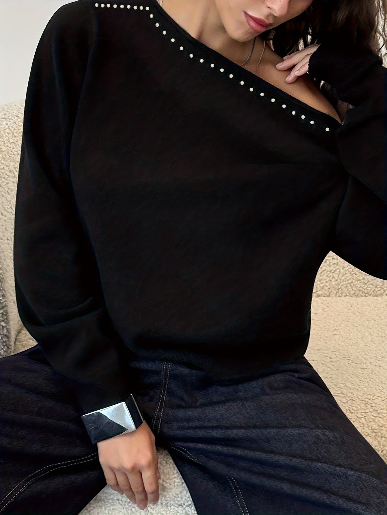 Womens Knitted Top With Rivet-Embellished Slanted Shoulders And Long Sleeves