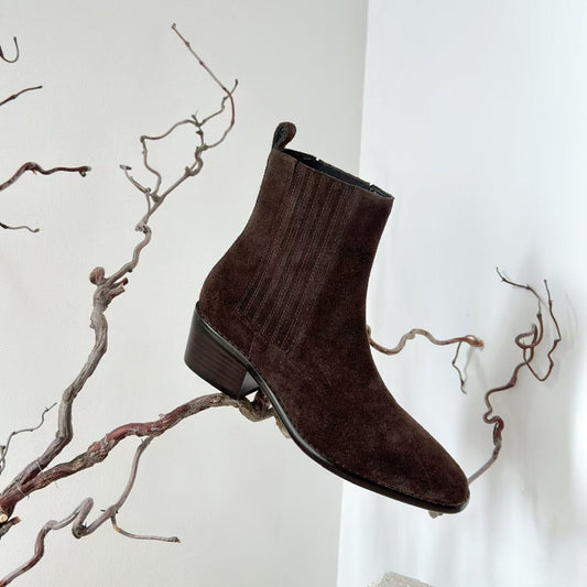 Womens Early Autumn French-Style Ankle Boots In Genuine Leather With A Square Toe And Chunky Mid Heel
