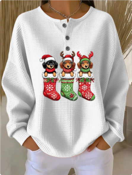 Womens Retro Printed Three-Button Stand-Up Collar Sweatshirt Top