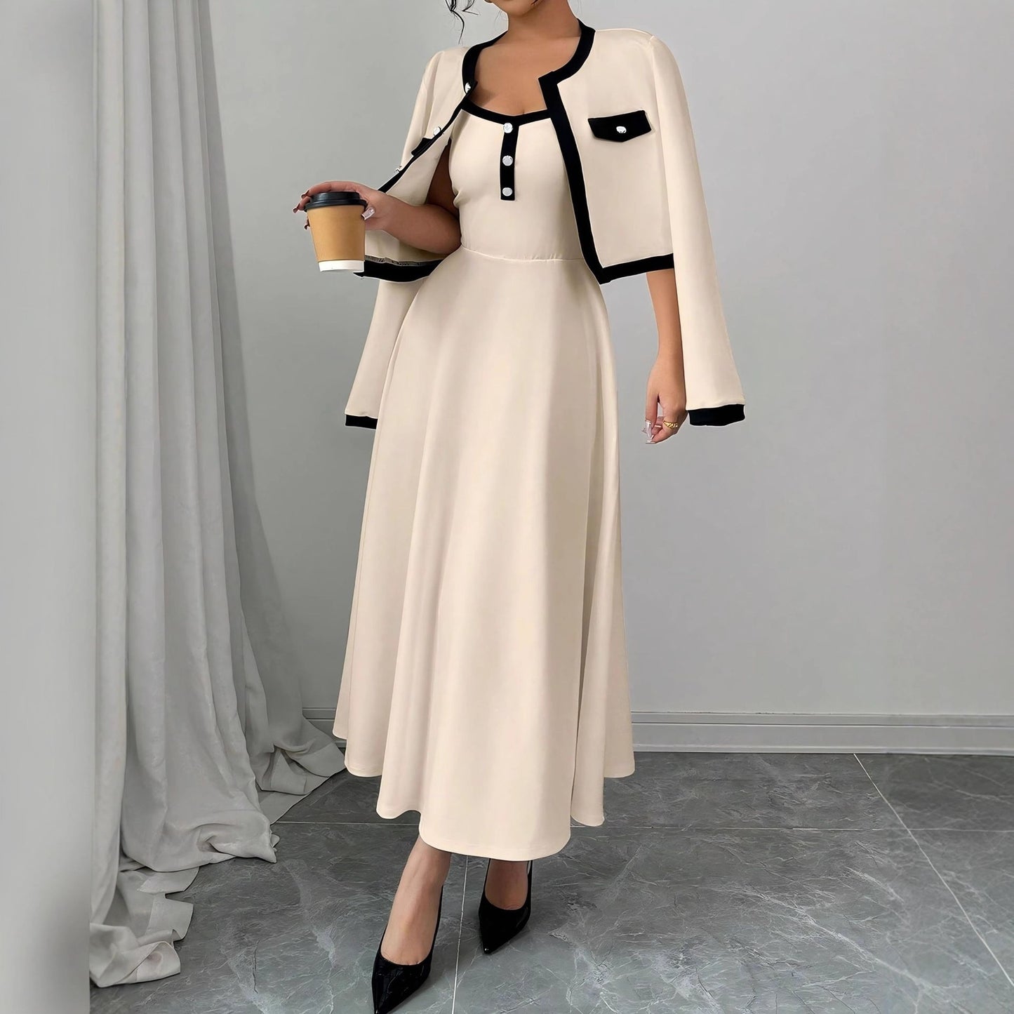 Womens French-style Long-sleeve Cropped Jacket And Slip Dress Two-piece Set