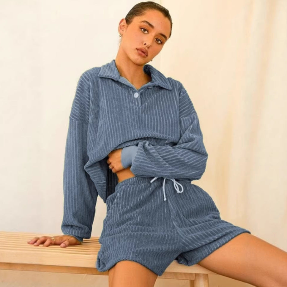 Womens Striped Slim-Fit Long-Sleeve Top And Shorts Set For Sports