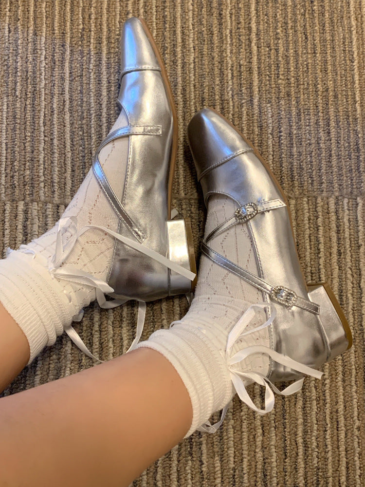 Silver Ballet French Mary Jane Square Toe Low Heel Shoes