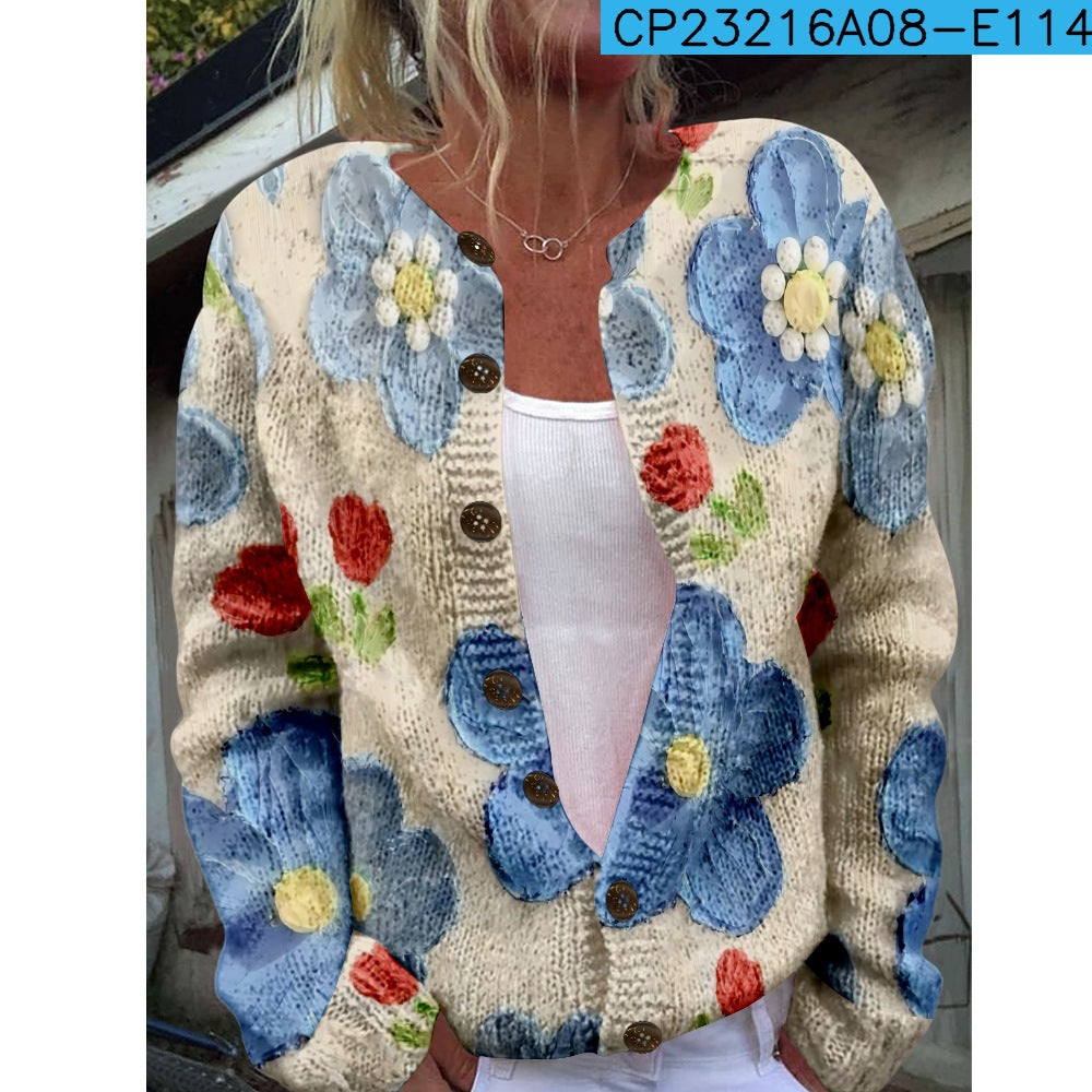 Ny strikket cardigan med 3D-print i løs pasform til damer – efterårs- og vinterstil