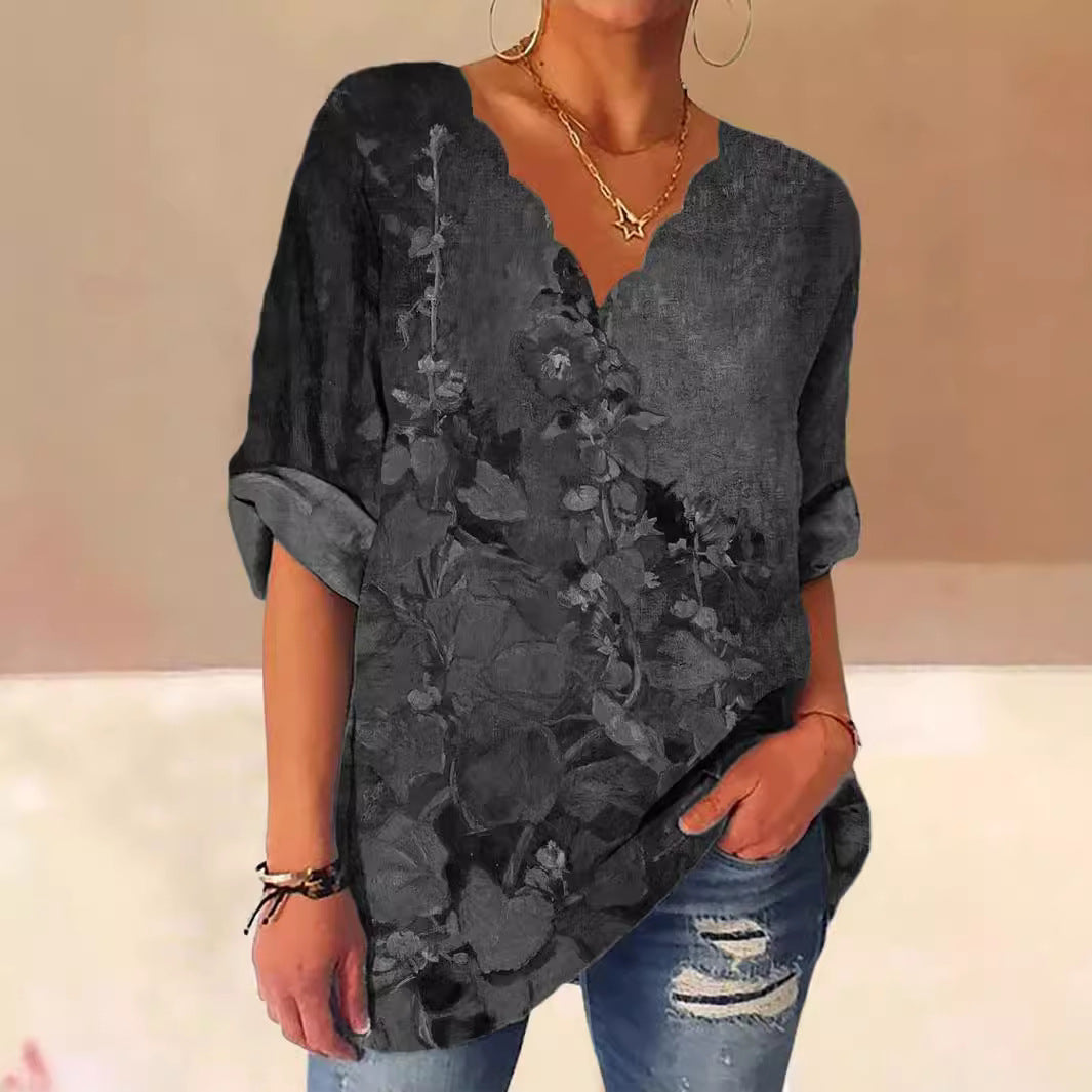 European And American Autumn Fluted Collar Cotton And Linen Retro Printed Shirt Women