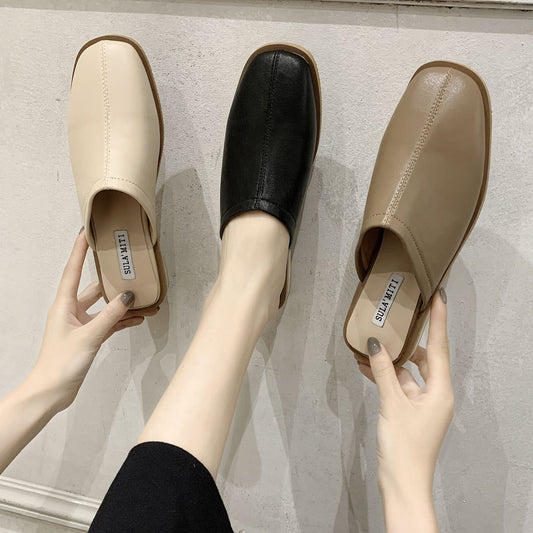 Women's Low Heel Baotou Soft Leather Sandals