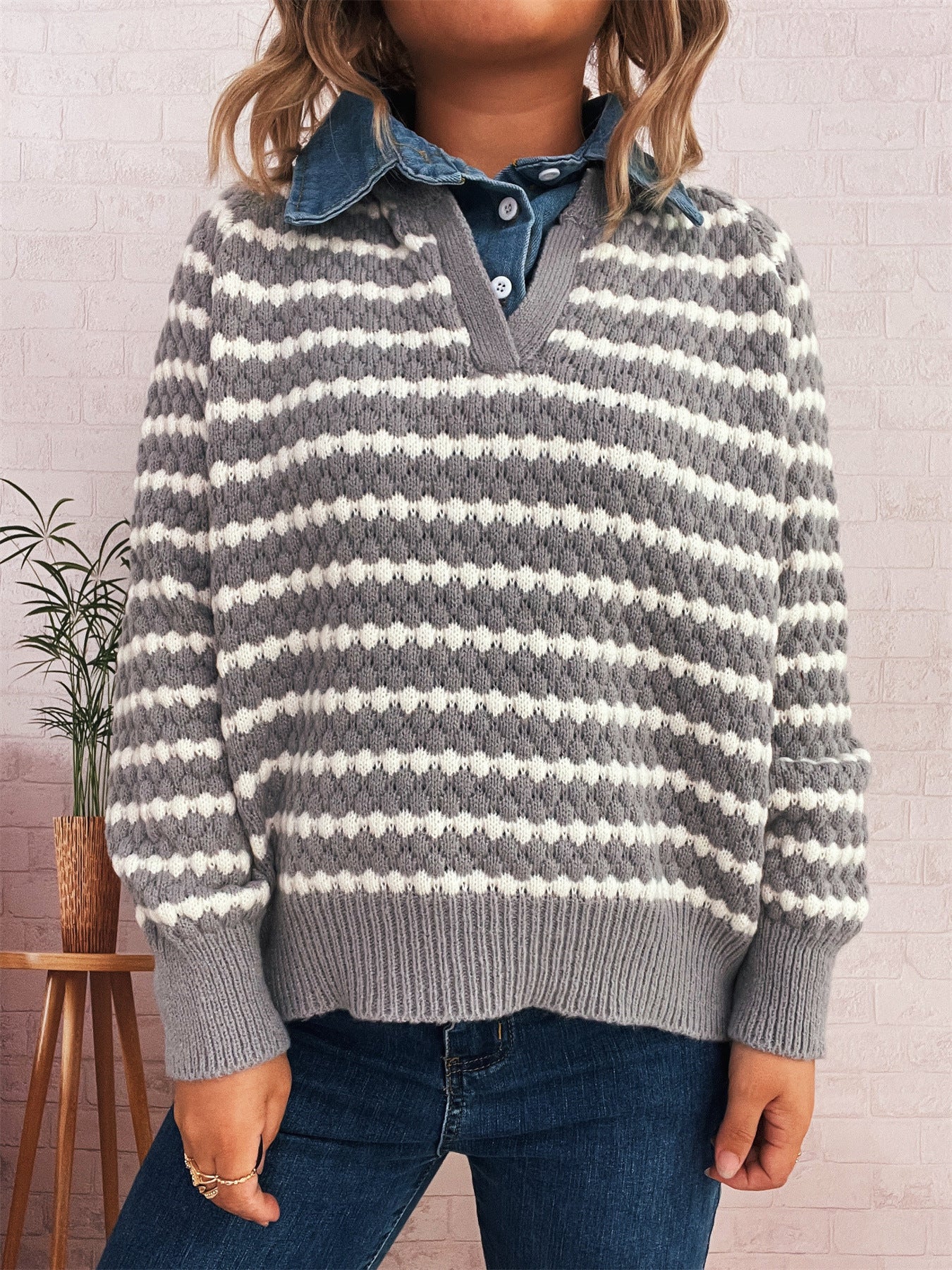 Women's Denim Patchwork Lapel Knitted Stripe Color Block Fake Two-piece Sweater