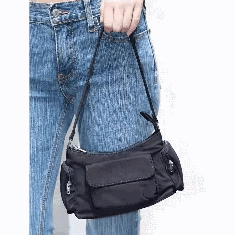Black Nylon Underarm Shoulder American Retro Bm Versatile Double Pocket Bag
