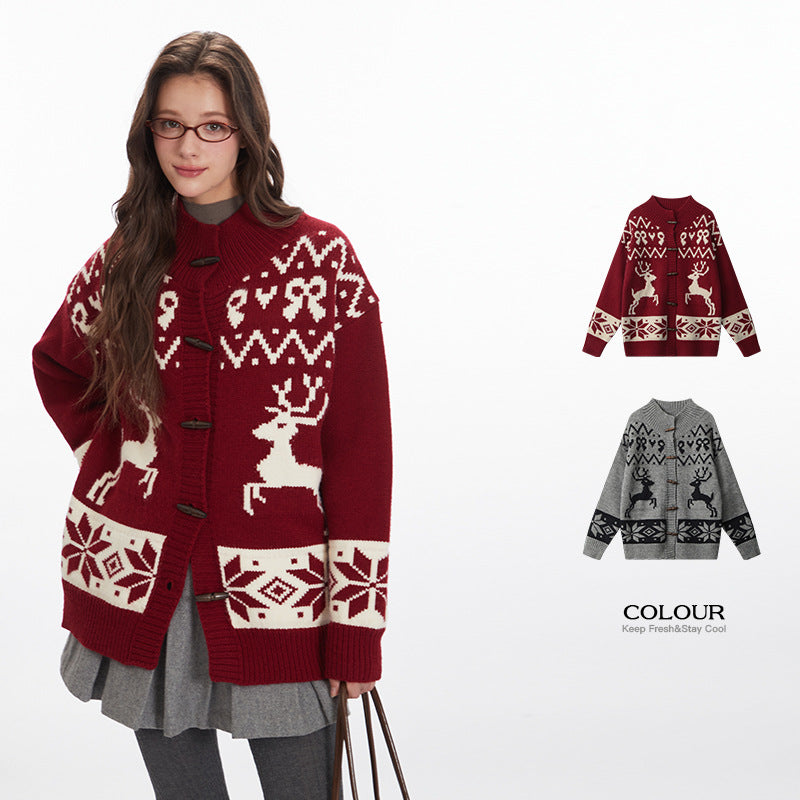 Loose Knitted Jacquard Horn Button Retro Women's Cardigan Sweater