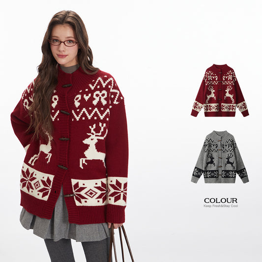 Loose Knitted Jacquard Horn Button Retro Women's Cardigan Sweater