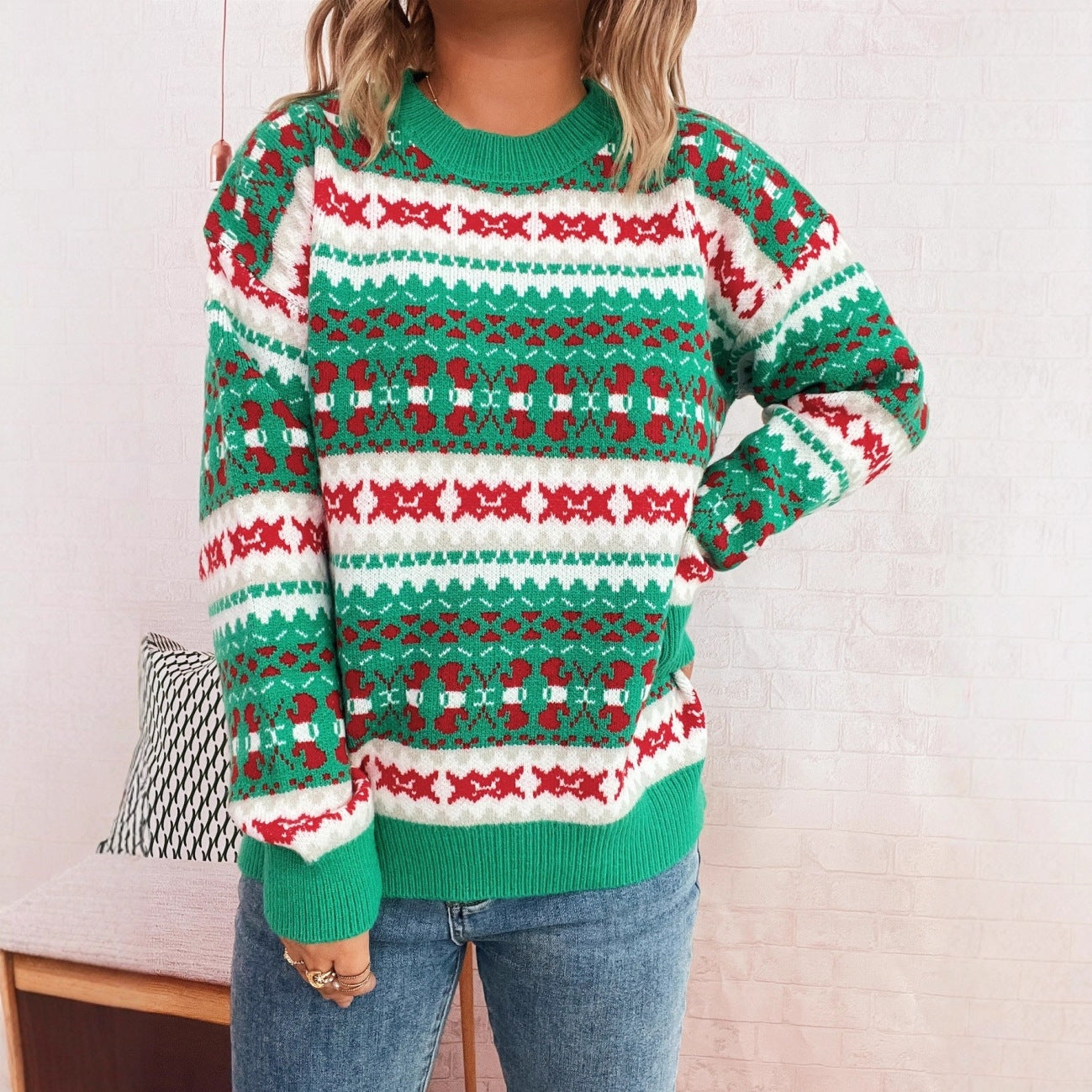 Cute Pattern Jacquard Contrast Color Round Neck Long Sleeve Casual Sweater