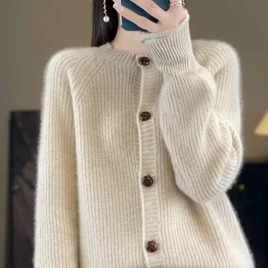 Womens Thickened Long-sleeve Knitted Cashmere Cardigan With A Crew Neck