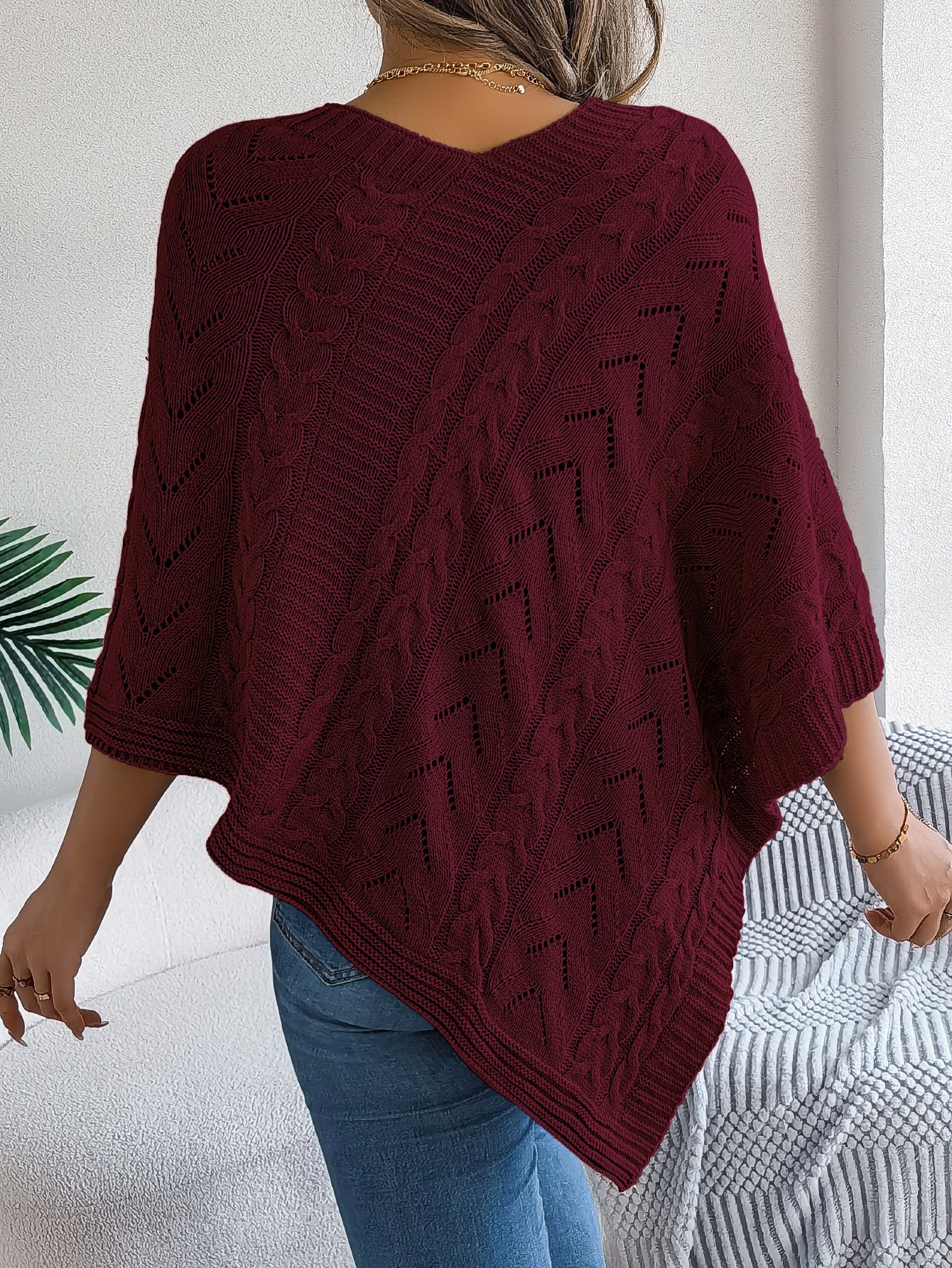 Casual Solid Color Cable Knit Loose Poncho Sweater Coat