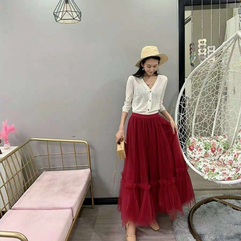 Mesh Women's High Waist Midi A- Line Skirt