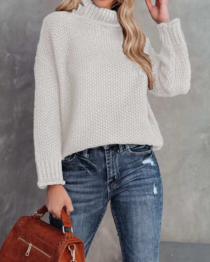 Women's High-neck Long-sleeve Rolled-edge Knit Sweater