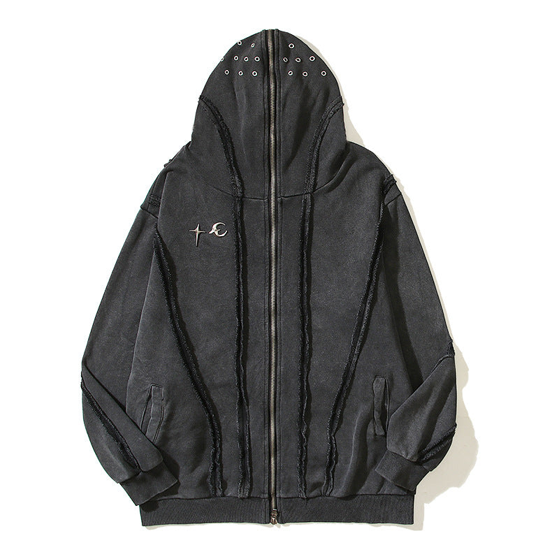 Men's Washed Batik Zipper Hooded Cardigan Sweater