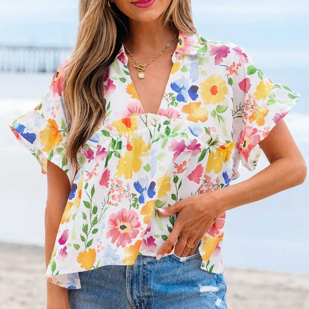 European And American Fashion Floral Printed V-neck Pullover