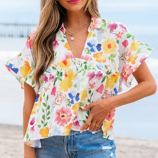 European And American Fashion Floral Printed V-neck Pullover
