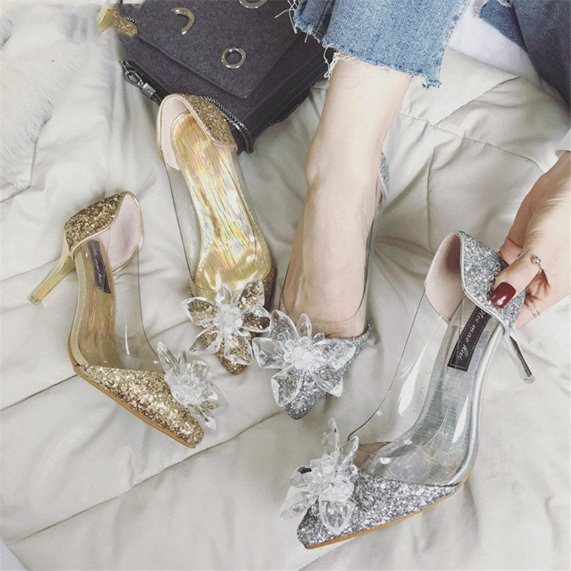 Pointed rhinestone high heel shoes