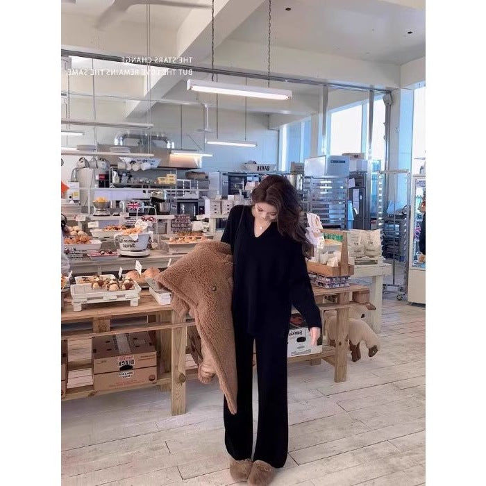 Autumn And Winter Wool Suit Women's V-neck Knitted Wide-leg Pants Cashmere Sweater